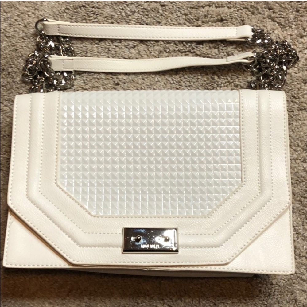 Nine West Studded Texture Design White Flap Bag Purse Silver Chain Handle